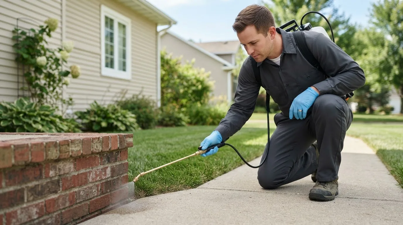 Pest control technician treating a home near Auberry, CA